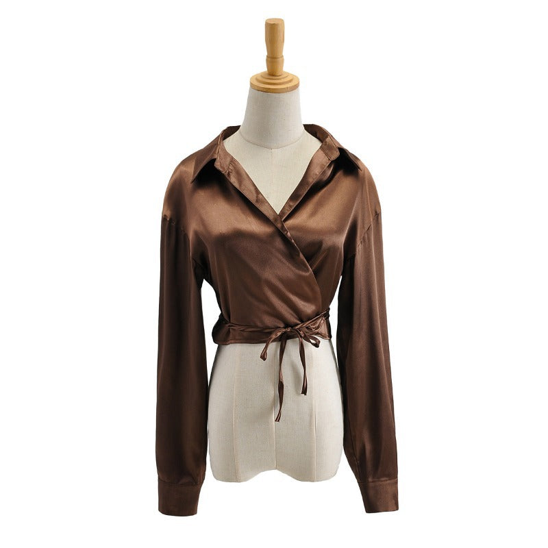 V-neck Wrap Bow Tie Satin Shirt Top