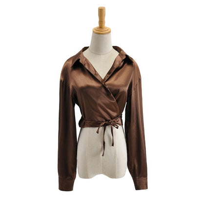 V-neck Wrap Bow Tie Satin Shirt Top