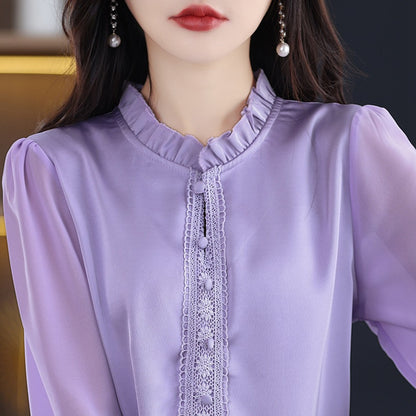 Ruffled Collar Solid Color Three-quarter Length Sleeve Shirt For Women