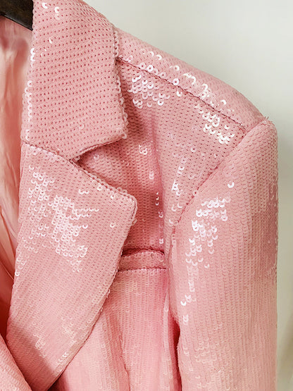 Blazer de lentejuelas rosa con raíz de loto suelta y doble botonadura de moda para mujer