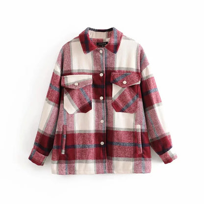 Lazy style lapel classic plaid tweed loose shirt jacket