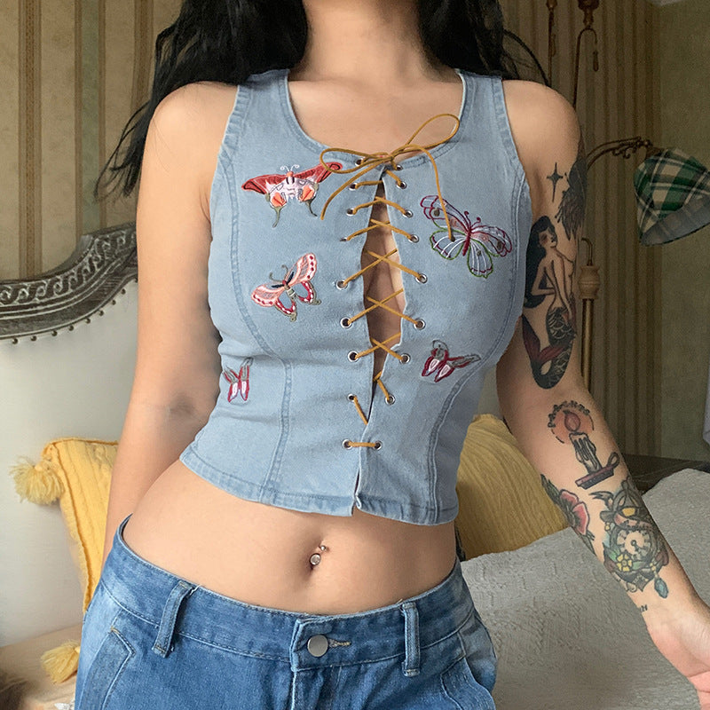 Butterfly Embroidered Cropped Lace-Up Denim Tank Top