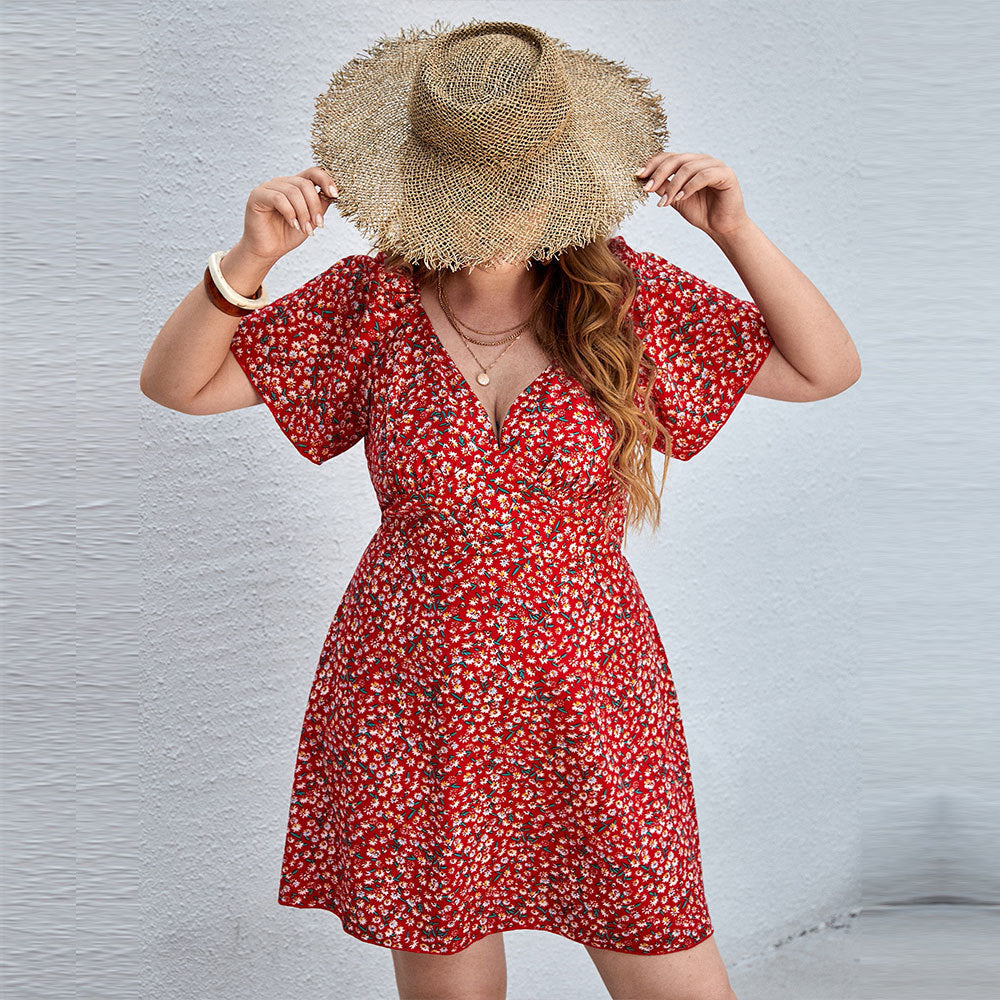 Vestido de ocio con cuello en V y flores pequeñas para vacaciones en la playa