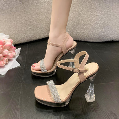 Buckle Transparent Strap Rhinestone Thick Heel Super High Heel Casual Fashion Sandals