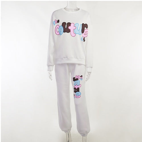 English Printing Sweatshirt And Sweatpants Suit Loose Two-piece Suit