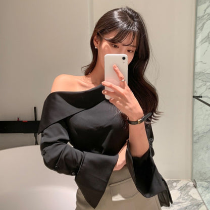 Women's Oblique Side Off-Shoulder Long-Sleeved Shirt