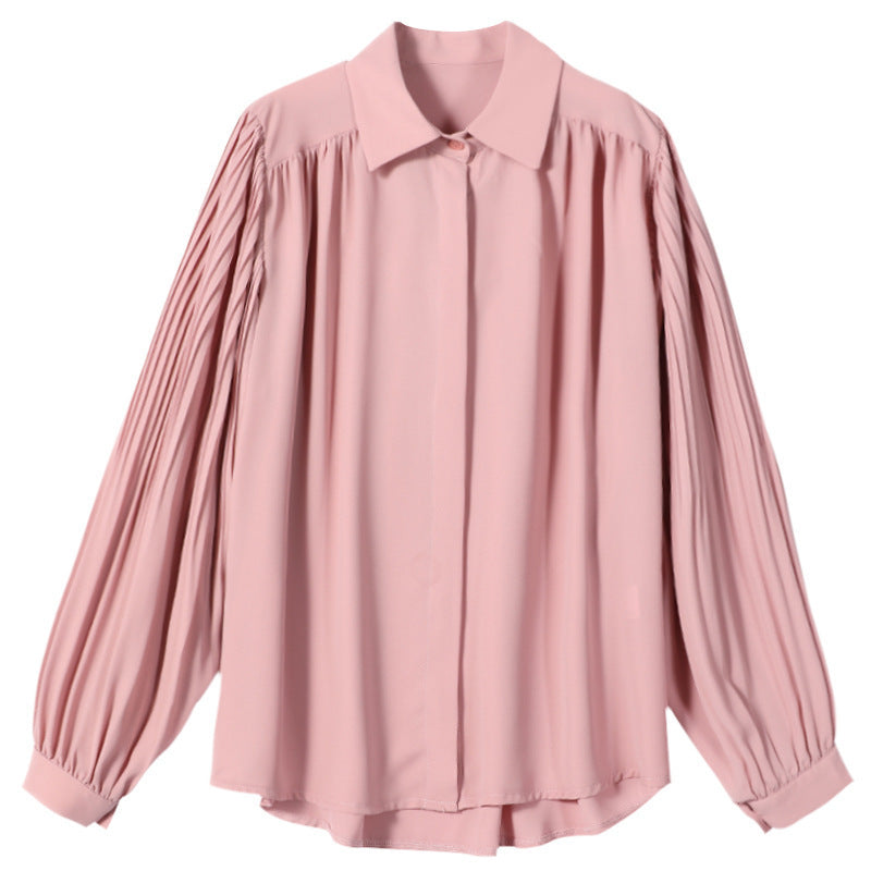 Chemise ample à manches longues en mousseline de soie pour femmes, manches bouffantes, à revers, à la mode