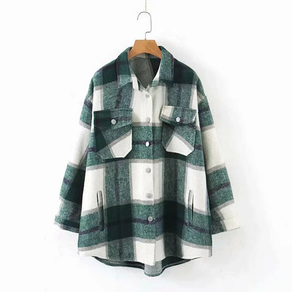 Casual Plaid Shirt Women Tweed Coat Buttons Pockets Female Jacket