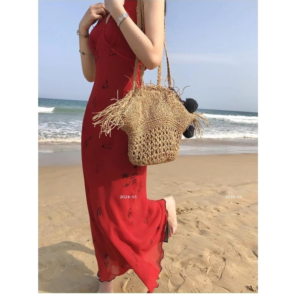 Women's Summer Waist Red V-neck Sling Dress