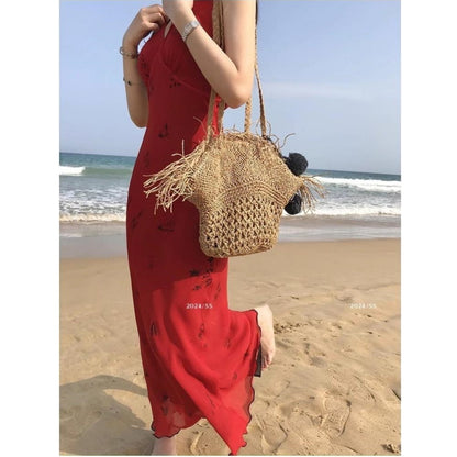 Women's Summer Waist Red V-neck Sling Dress