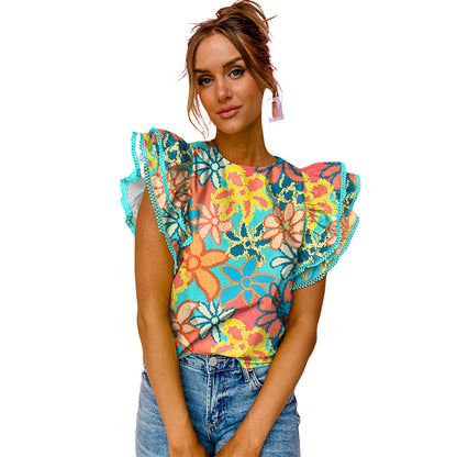 Ruffle Sleeve Pullover Leisure Style Floral Printed Short-sleeved Top