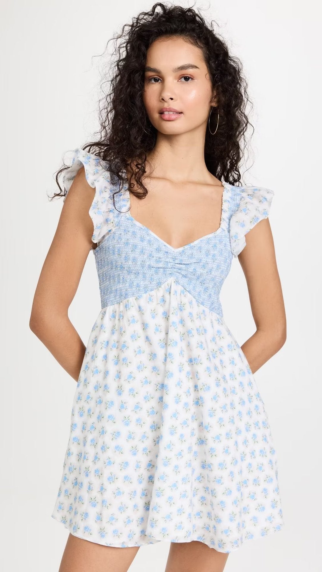 Robe ample élastique à petites fleurs bleues, Style vacances françaises