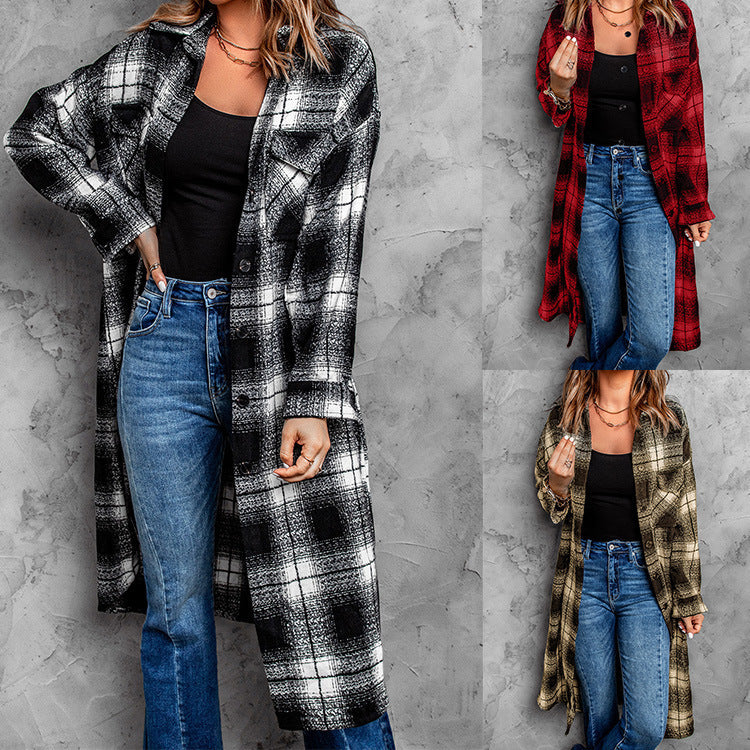 New Women's Mid-length Loose Lapel Cardigan Plaid Shirt