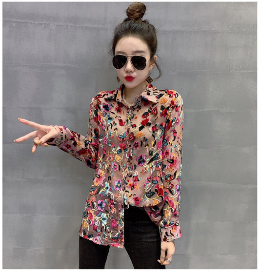 New Product Floral Net Yarn Shirt  Fan