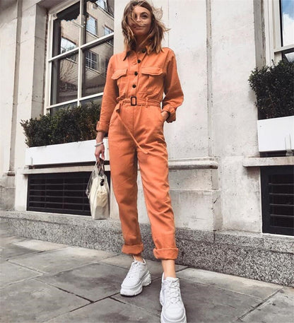 Autumn and winter new women's tooling belt Slim casual jumpsuit