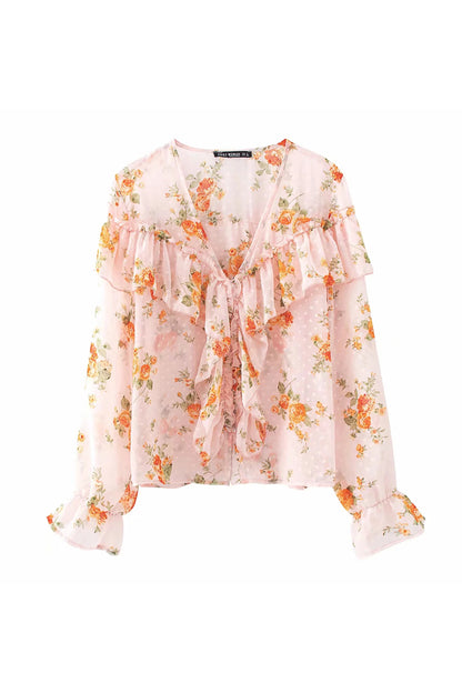 Ruffled long sleeve chiffon shirt feminine lace bottoming shirt