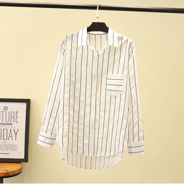 Plus size striped pocket long sleeve shirt