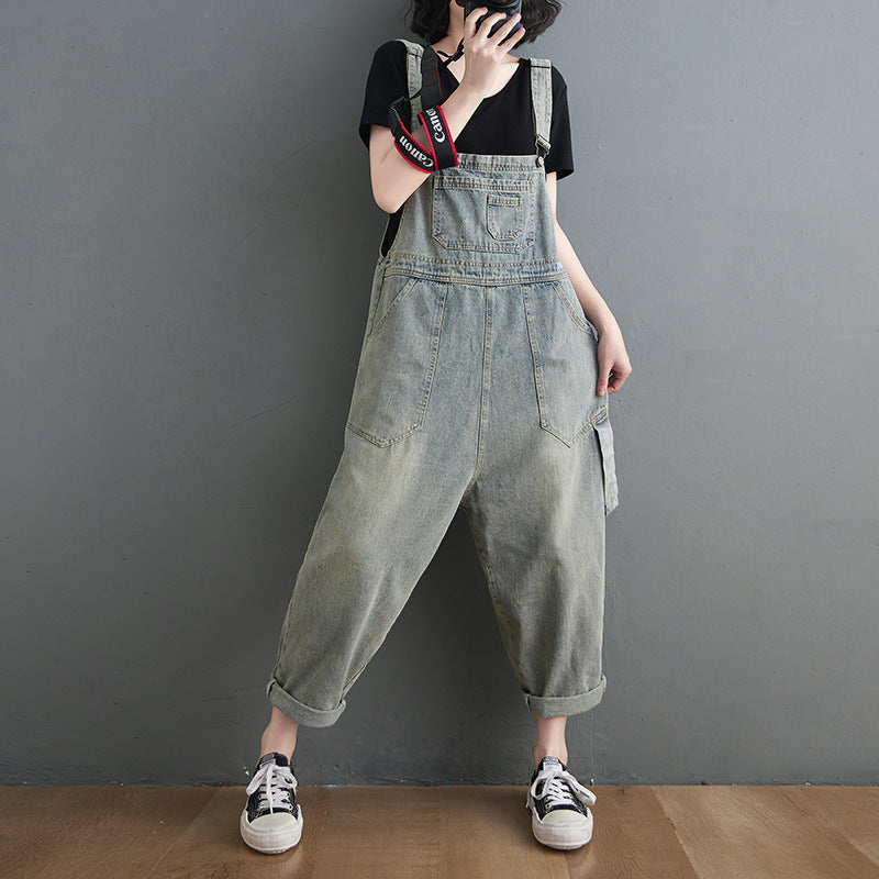 Washed Suspender Loose Denim Overalls