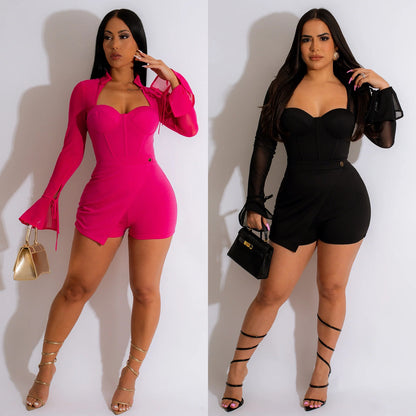 Mesh See-through Bell Sleeve Jumpsuit Shorts