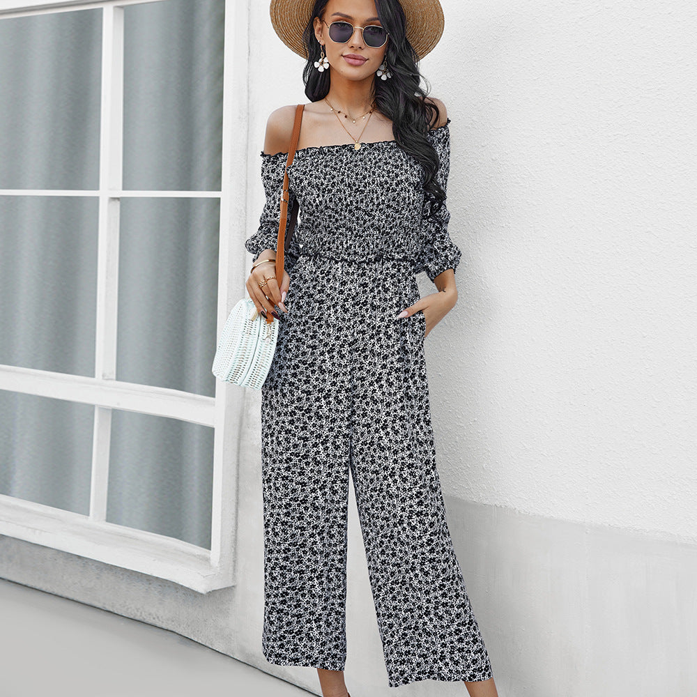 Wide Leg Pants Print Jumpsuit One Shoulder Top