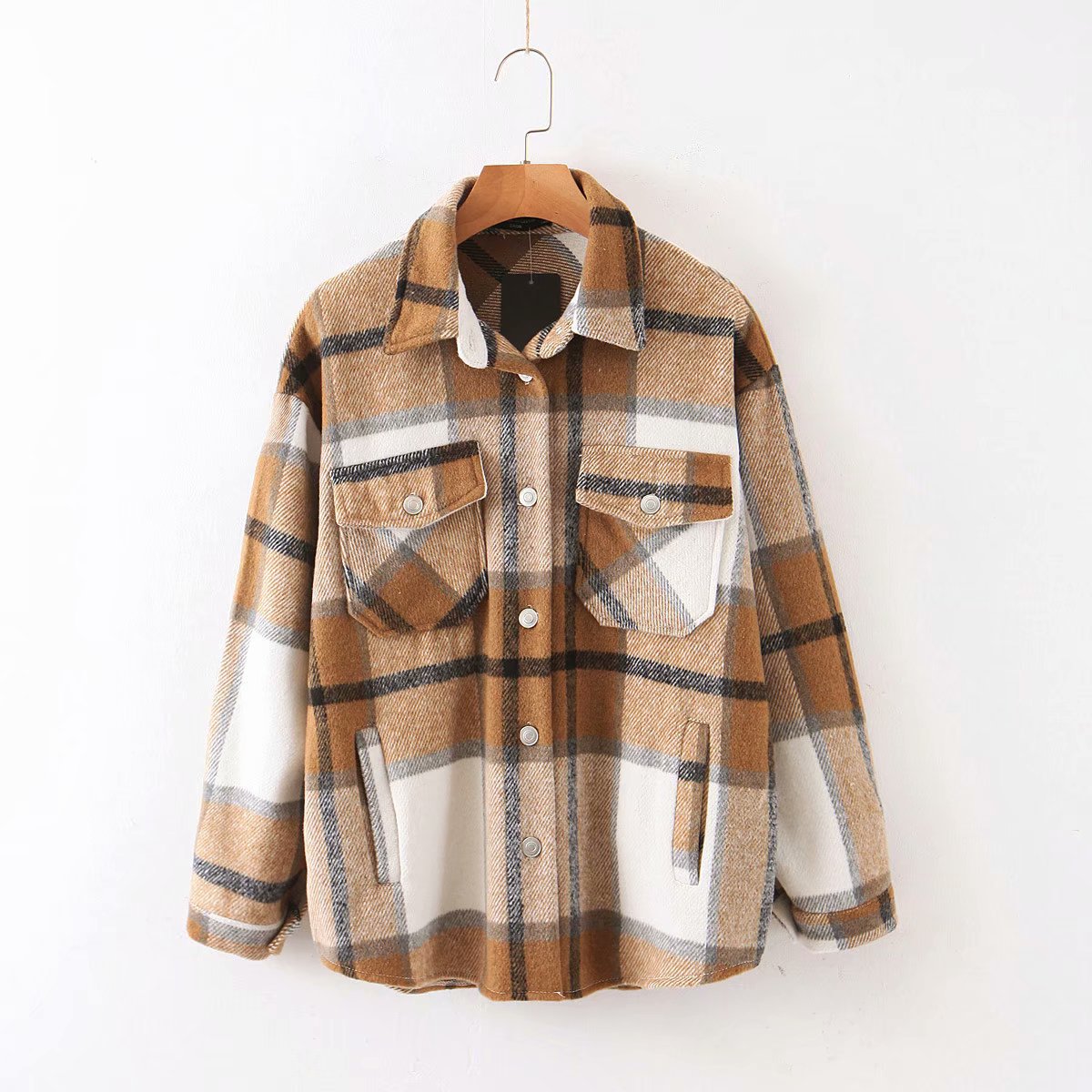 New Lapel Woolen Plaid Shirt Jacket Women