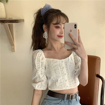 Bubble sleeve short lace top shirt