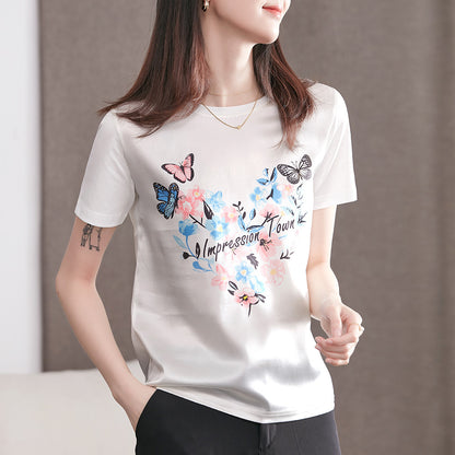 Silk T-shirt Women Short-sleeved Butterfly Love Printing Heavy Satin Stitching