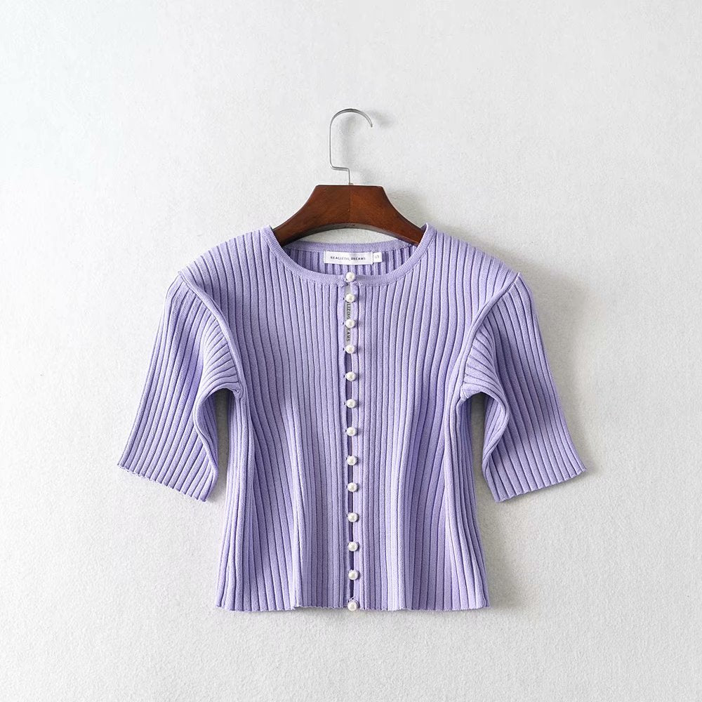 Short Slim-Fit Pearl-Breasted Knit Short-Sleeved Shirt