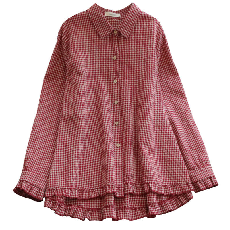 Cotton And Linen Ruffled Plaid Lapel Long-sleeved Shirt