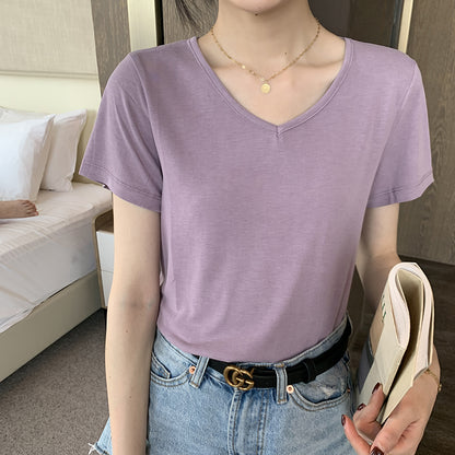 Ice silk solid color short-sleeved T-shirt women