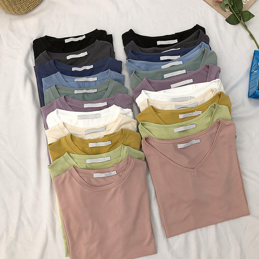 T-shirt à manches courtes en soie glacée pour femme, couleur unie