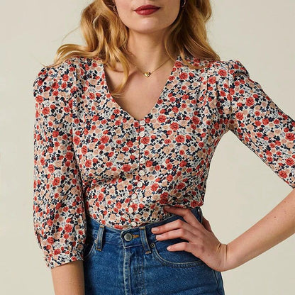 Retro buttoned short cropped sleeve shirt top