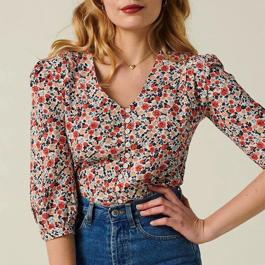 Top camisero retro de manga corta con botones 