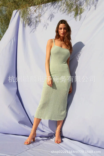 Vestido midi de seda de hielo elástico alto hueco fino de verano