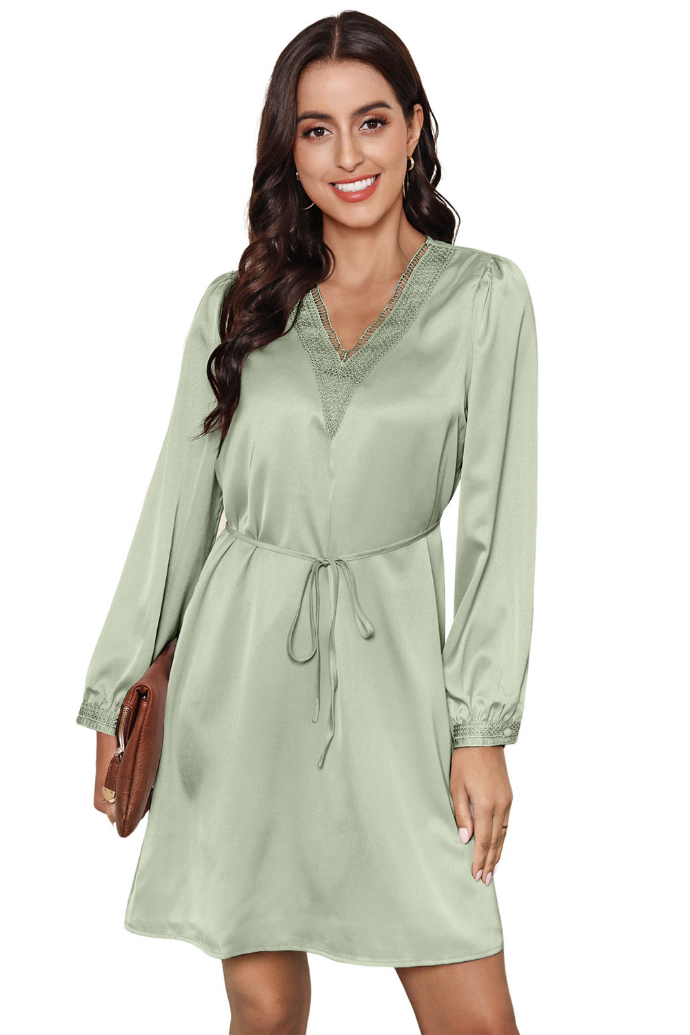 Green Lace Trim V Neck Tie Waist Long Sleeve Dress