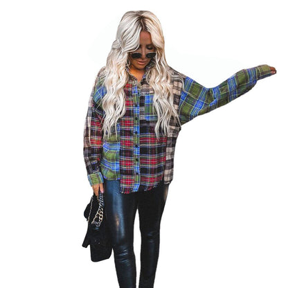 Plaid Contrast Stitching Retro Print Long-Sleeved Shirt