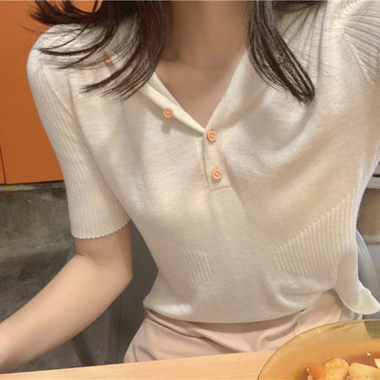 V-neck Buttoned Slim-fit Half Sleeves With Clavicle