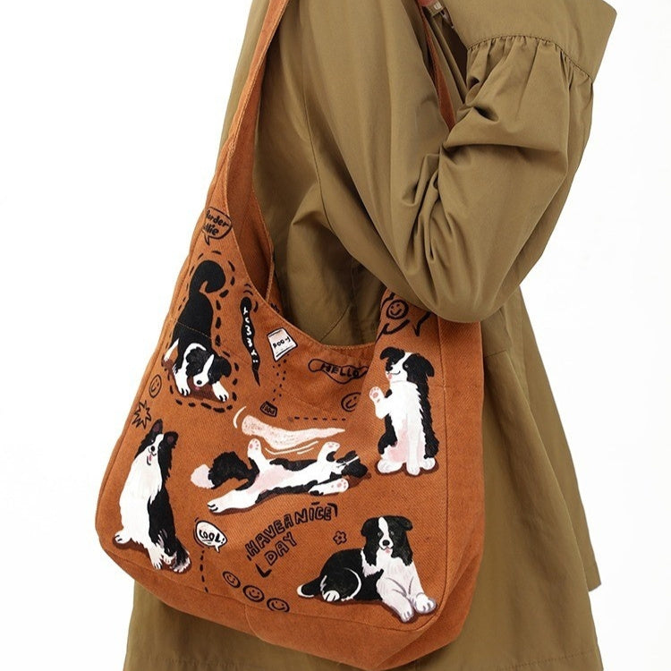 Retro Shoulder Puppy Printed Large Capacity Casual Canvas Bag