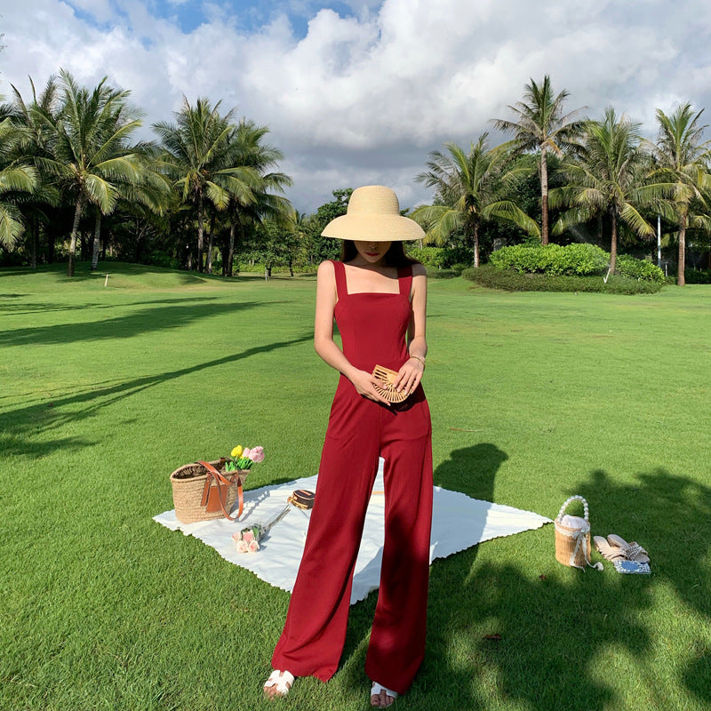 Pantalon à jambes larges une pièce à la mode pour dames coupe slim taille haute