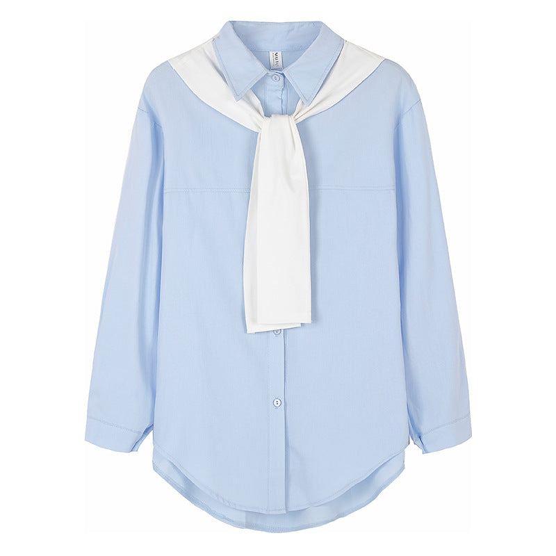 Lazy Style Design Shawl Long Sleeve Blue Shirt Women