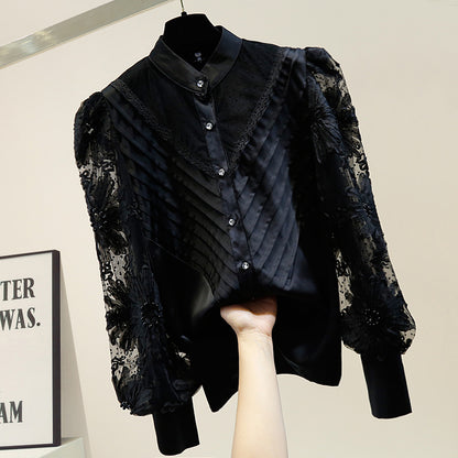 Lace stitching micro see-through stand-up collar shirt