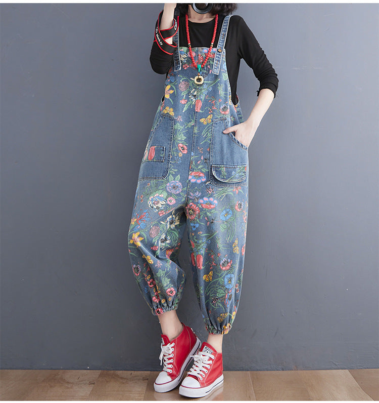 Women's Fashion Denim Printing Suspender Pants Age-reducing Ankle-tied Harem Pants