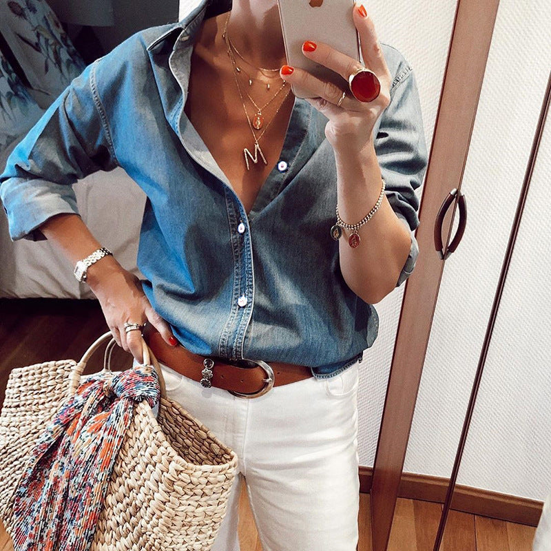 Fall new loose button denim shirt for women