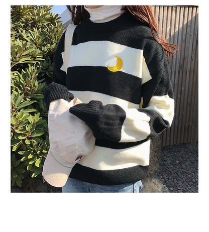 Color matching girl student wide striped knit