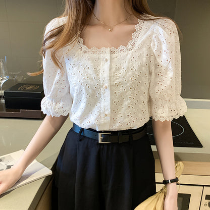 Square Neck Cutout Piece Small Short Sleeve Shirt Women's Top