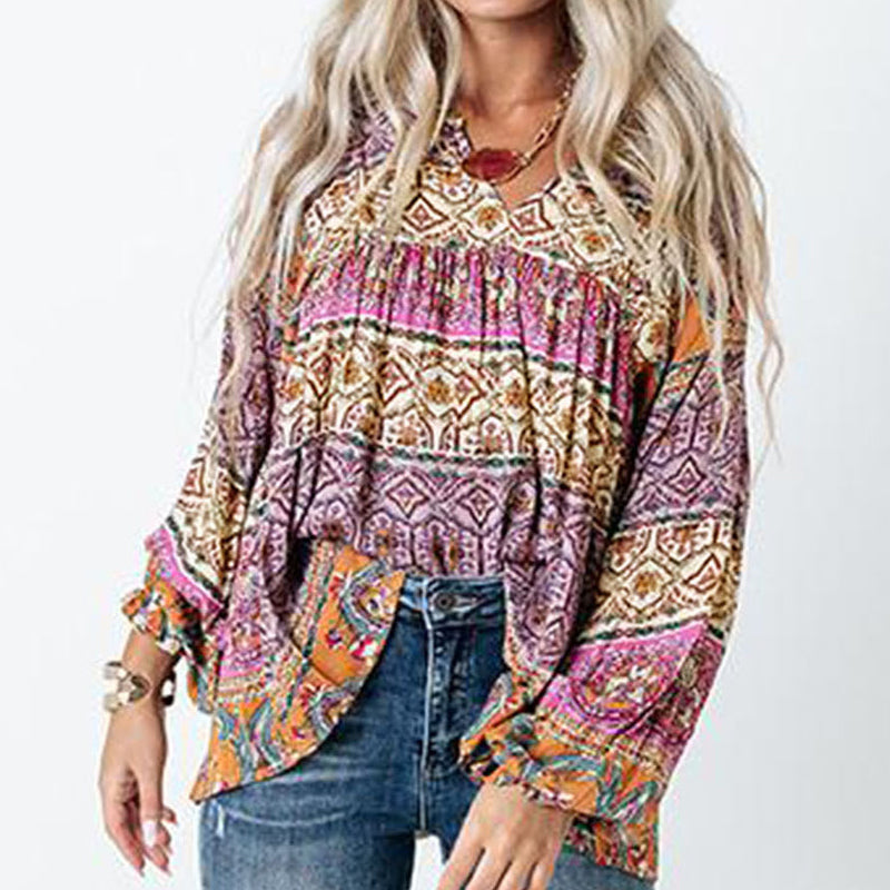 European And American Women's Clothing New Top Bohemian Multicolor Printed Casual Shirt V-neck Puff Sleeve Pullover