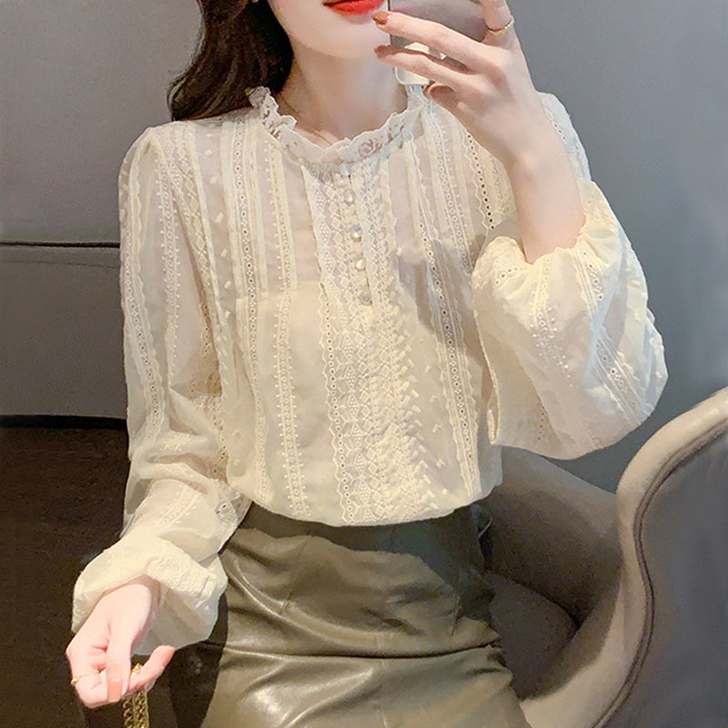 Women's New Embroidered Hollow Lantern Long Sleeve Shirt