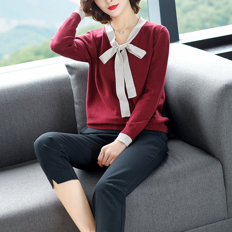 Bow tie round neck long sleeve knit top