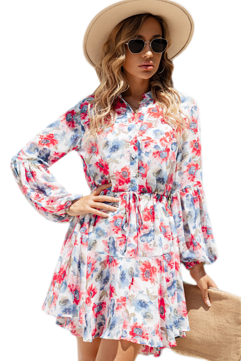 Sky Blue Vintage Floral Print Drawstring Flowy Dress