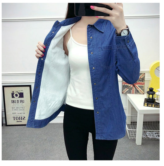 Fashionable warm Plush denim shirt long sleeve coat